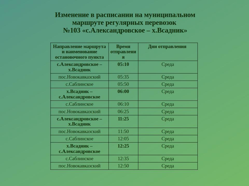Об изменении расписания на муниципальном маршруте регулярных перевозок №103 «с.Александровское – х.Всадник».